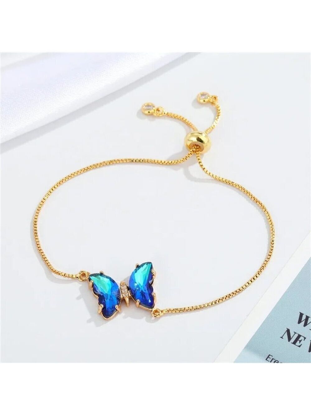 Blue Iridescent Butterfly Bracelet – 18K Gold Plated Stainless Steel, Adjustable